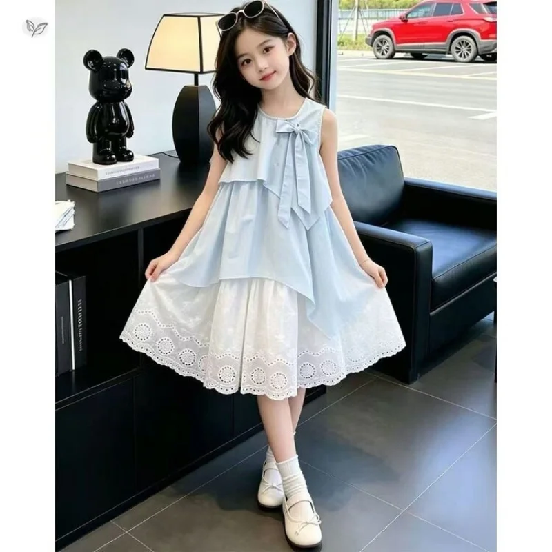Girls' sleeveless dress2026Summer new style layered bowknot tank dress for older children, jacquard princess dress