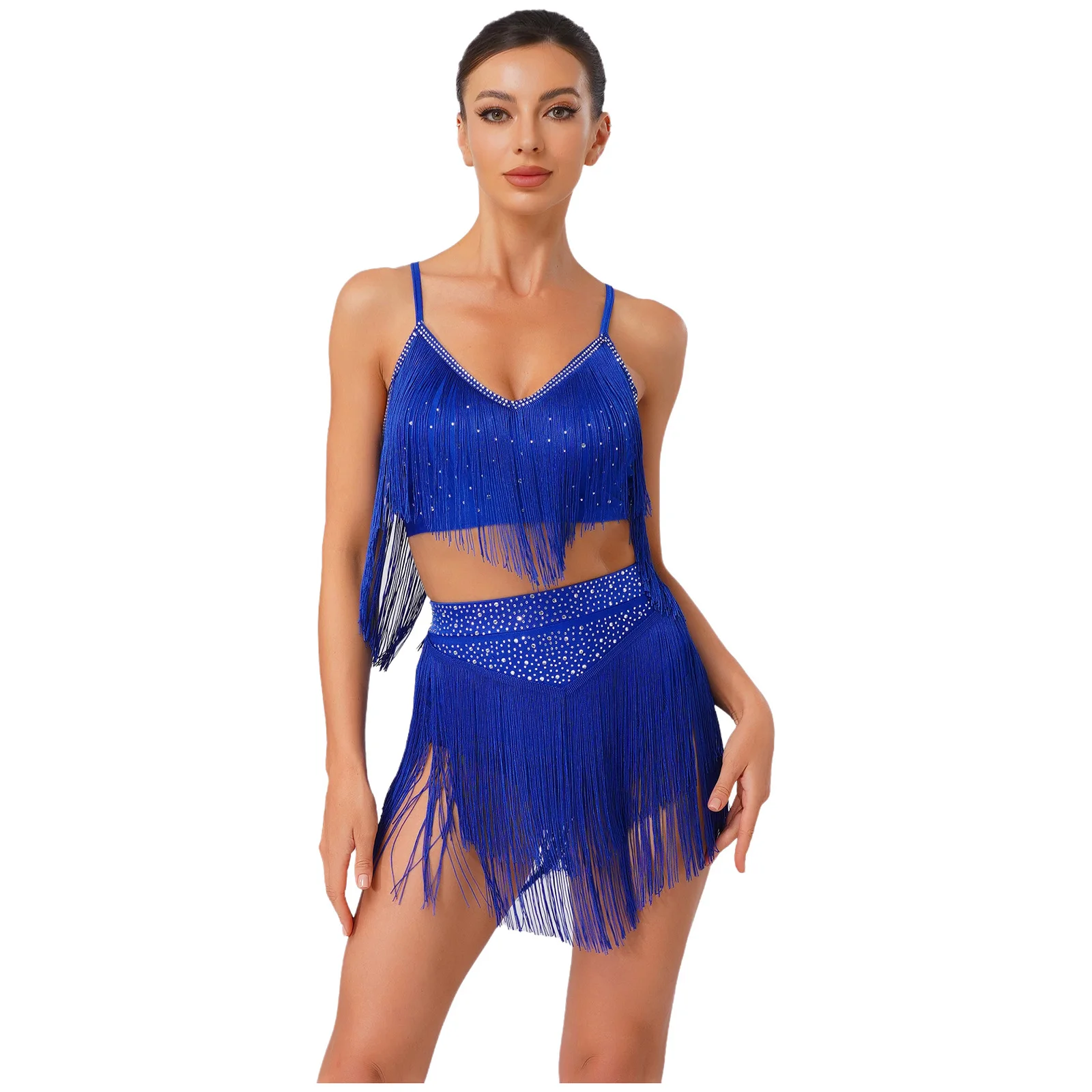 

Two Pieces Latin Dance Performance Costume Adult Female Lyrical Fringe Camis Top with Tiered Tassels Skirt Samba Cha-cha Outfits