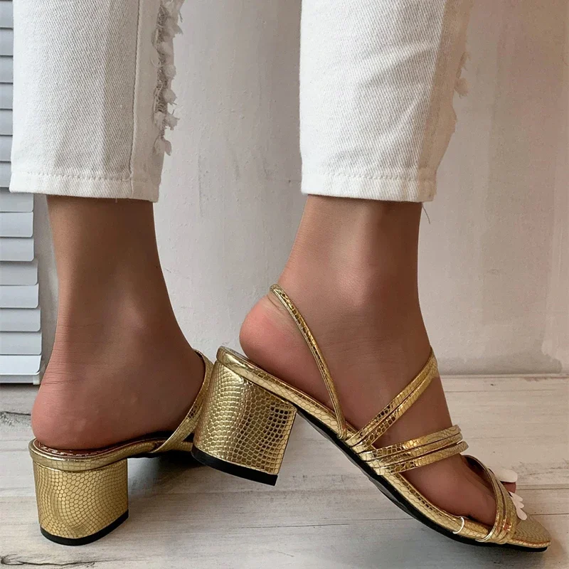High Heels Sandals Women\'s Shoes 2023 Summer Trends Sexy Gold Fashion Slippers Square Toe Thick With Luxury Party Shoes Size 42