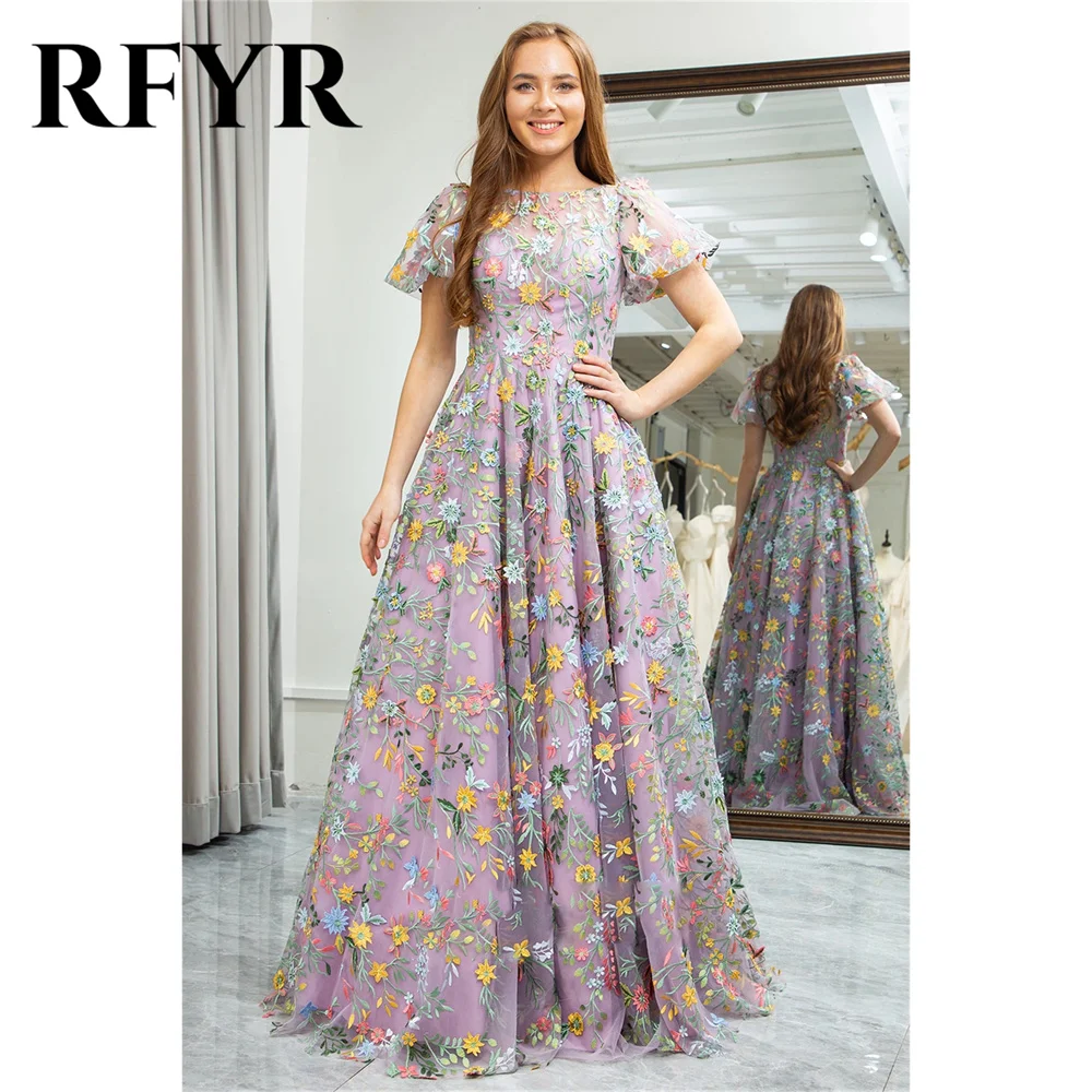 RFYR A Line Prom Gown O Neck Floral Embroidery Fabric Birthday Party Puff Sleeves Formal Occasion Dress Evening Dress Customized