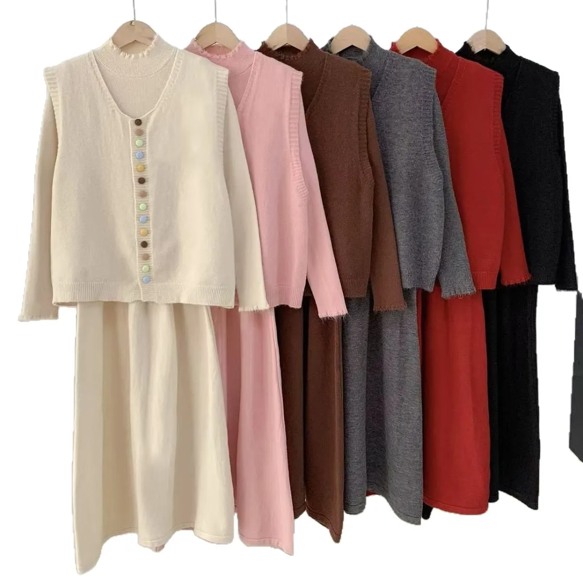 Color Buckle Retro Western-style Cardigan Vest+dress Knitted Set 2025 Autumn/winter New Korean Version Two-piece Set