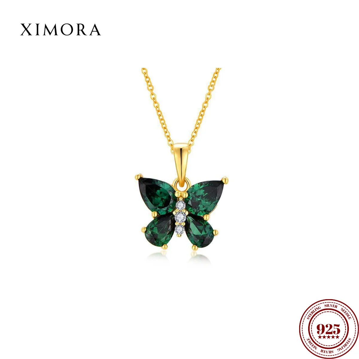 

XIMORA S925 Sterling Silver 18K Gold-Plated Emerald Zircon Butterfly Pendant Necklace with Collarbone Chain Women's Gift