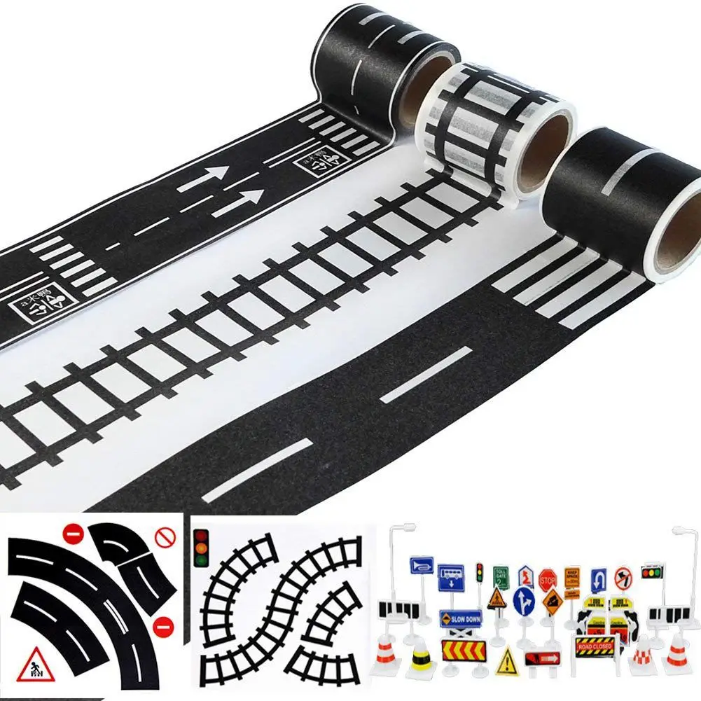 Play Road Tape for Toy Cars and Trains 3 Rolls 4.8cmx5m Straight Curve Track Traffic Signs - Kids Gifts