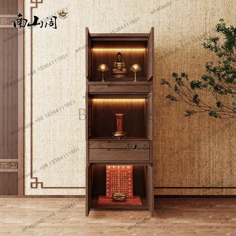 YJ Three‑Tier Ash Wood Standing Shrine Cabinet New Chinese Solid Wood With Door Household Altar For Guanyin God of Wealth