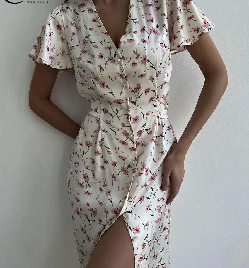 Robe élégante imprimée abricot pour femmes, mode col en v, manches courtes, à lacets, simple boutonnage, mi-mollet, nouvelle collection automne