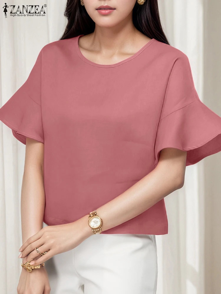 

Summer Women Blouses Short Sleeve Ruffles Fashion ZANZEA Streetwear Solid Color Tops Tee OL Work Blusas Oversize O Neck Tunic