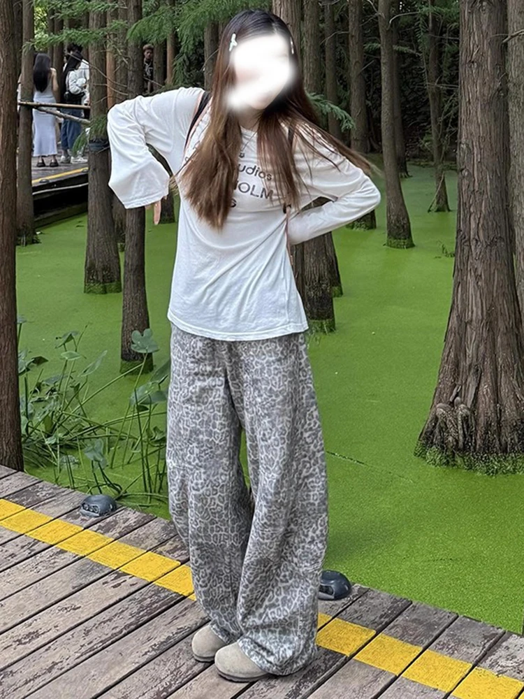 

American Retro Leopard Print Wide Leg Jeans Women's Autumn 2025 New Low Waist Loose Fit Floor Length Scythe Pants