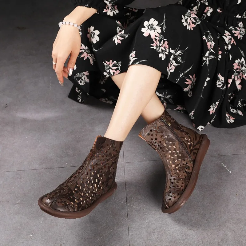 Birkuir Original Retro Chinese Style Hollow Out Ankle Boots For Women Genuine Leather Flats Shoes Luxury Shoes Zipper Boots