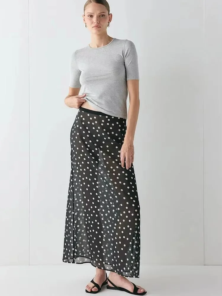 Fantoye Sexy See Through Print Polka Dot Women Skirt Black High Waist Y2k Casual Long Skirt Summer Slim Outdoor Streetwear 2026