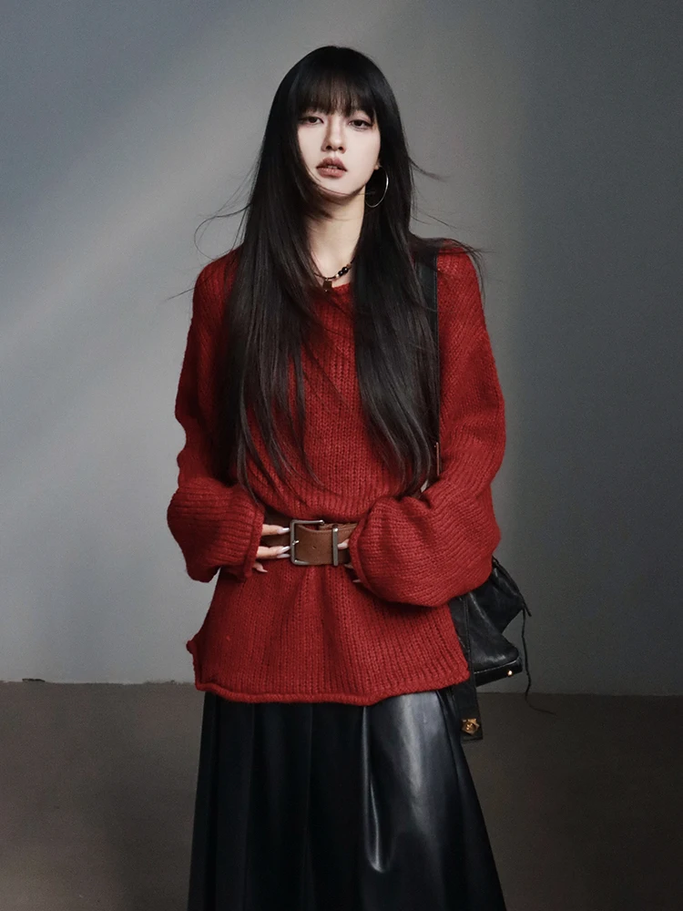 

Свободный красный вязаный свитер, женский осенне-зимний новый свитер, прочная пряжа, ажурный дизайн, удобный дышащий топ