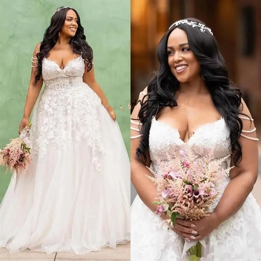 

Customized Plus Size Spaghetti Sweetheart Wedding Dresses With Lace Applique A Line Tulle Country Bridal Gowns 2023