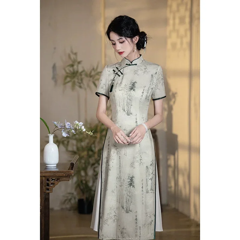 

Новое платье Cheongsam с принтом весна/лето 202, улучшенное двухслойное Cheongsam Aodai с тремя рукавами