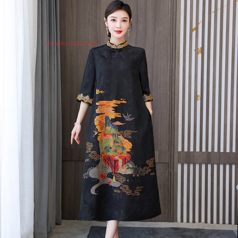 

2025 chinese improved cheongsam dress vintage qipao national flower print a-line qipao oriental elegant satin qipao folk dress