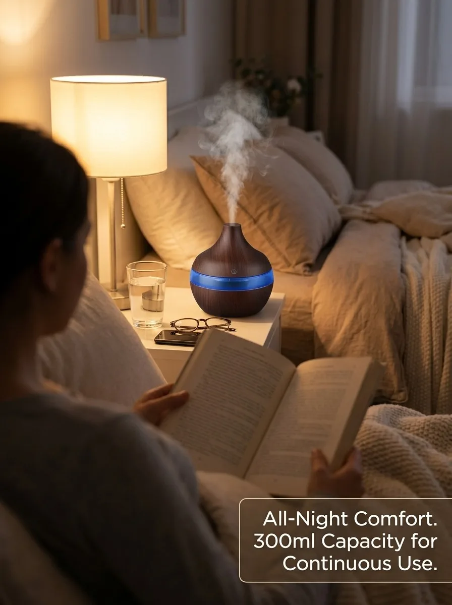 HONSUN Humidifier for Bedroom, 300ml Essential Oil Diffuser with 7-Color LED Night Light, Dark Wood Grain Ultrasonic Cool Mist Humidifier, Portable USB Desktop Aroma Humidifier with 4-Hour Auto Shut-Off, Compact Size for Home Office Spa