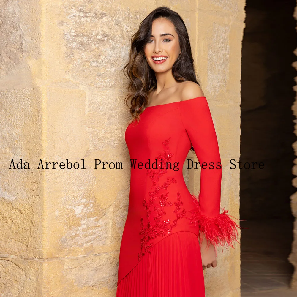 Elegant Boat Neck Red Mermaid Mother Of The Bride Dresses For Weddings  Floor Length Formal Party Evening Dress With Feather