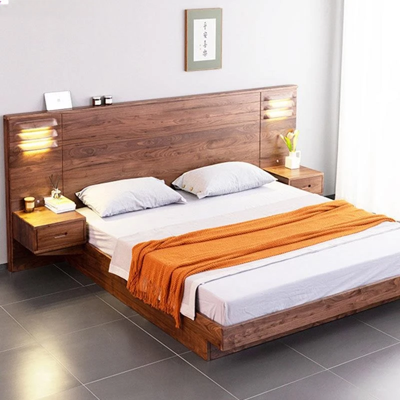 

Customizable Nordic all solid wood black walnut queen bed simple European modern led luxury minimalist double bed