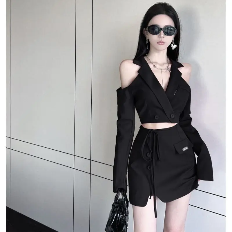 Off Shoulder Drawstring Skirts Sets Turn Down Collar Blazer Crop Tops Mini Sexy Female Slim Short Skirt 2023 Fashion Woman Set