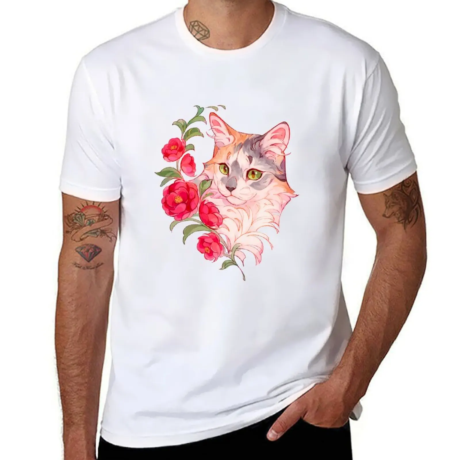 

Silver torbie cat with red flowers T-Shirt man t shirt designer T-Shirt