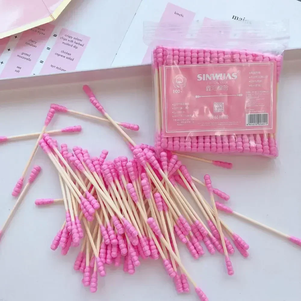 100-300Pcs Pink Double Head Cotton Swab Sticks Cotton Buds Tip for Medical Nose Ears Cleaning Accessories Female Make Up Remover
