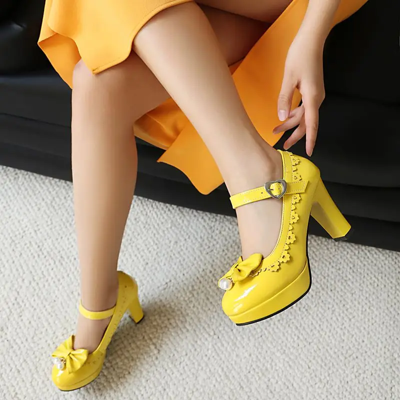 

ORCHA LISA Роскошные женские туфли-лодочки в стиле Лолиты на блочном каблуке и платформе с пряжкой и ремешком с бантом, большой размер 46, 47, 48, блестящие туфли для свиданий