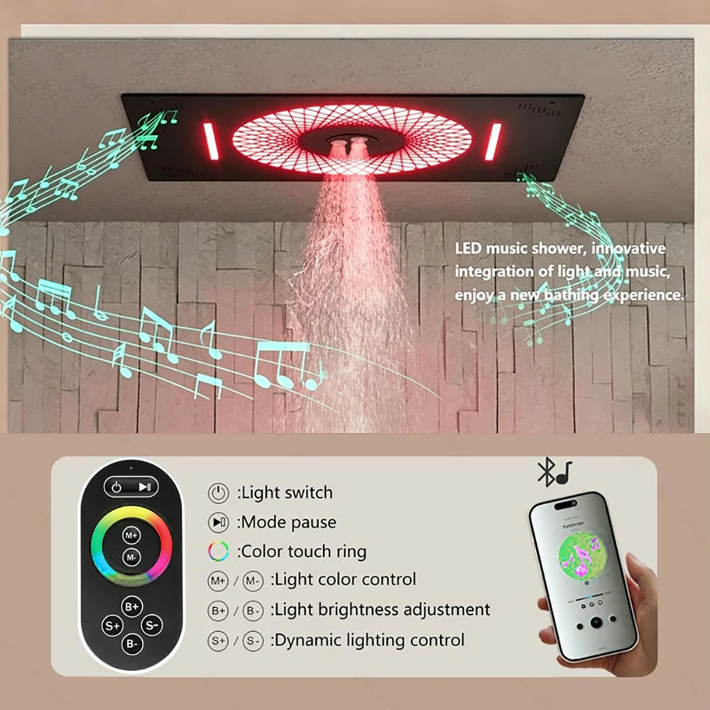 400x600mm LED Music Shower System Dual-Person Oversized Shower Head Digital Display Matte Black 4 Functions Shower Set
