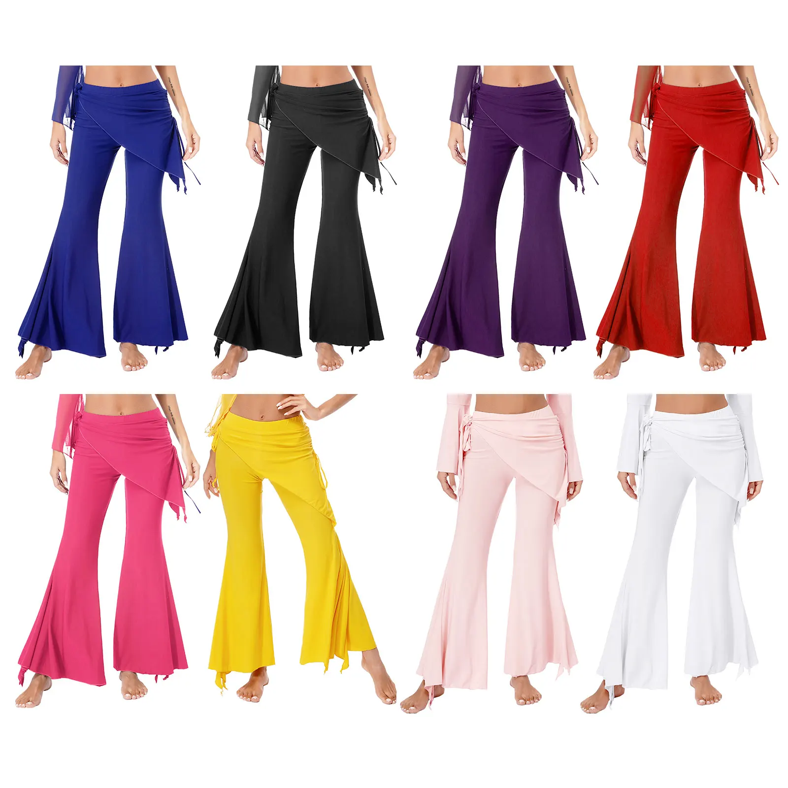 Womens Split Flared Belly Dance Pants Halloween Carnival Costume Solid Color Pants Lace-Up Skirted Pants