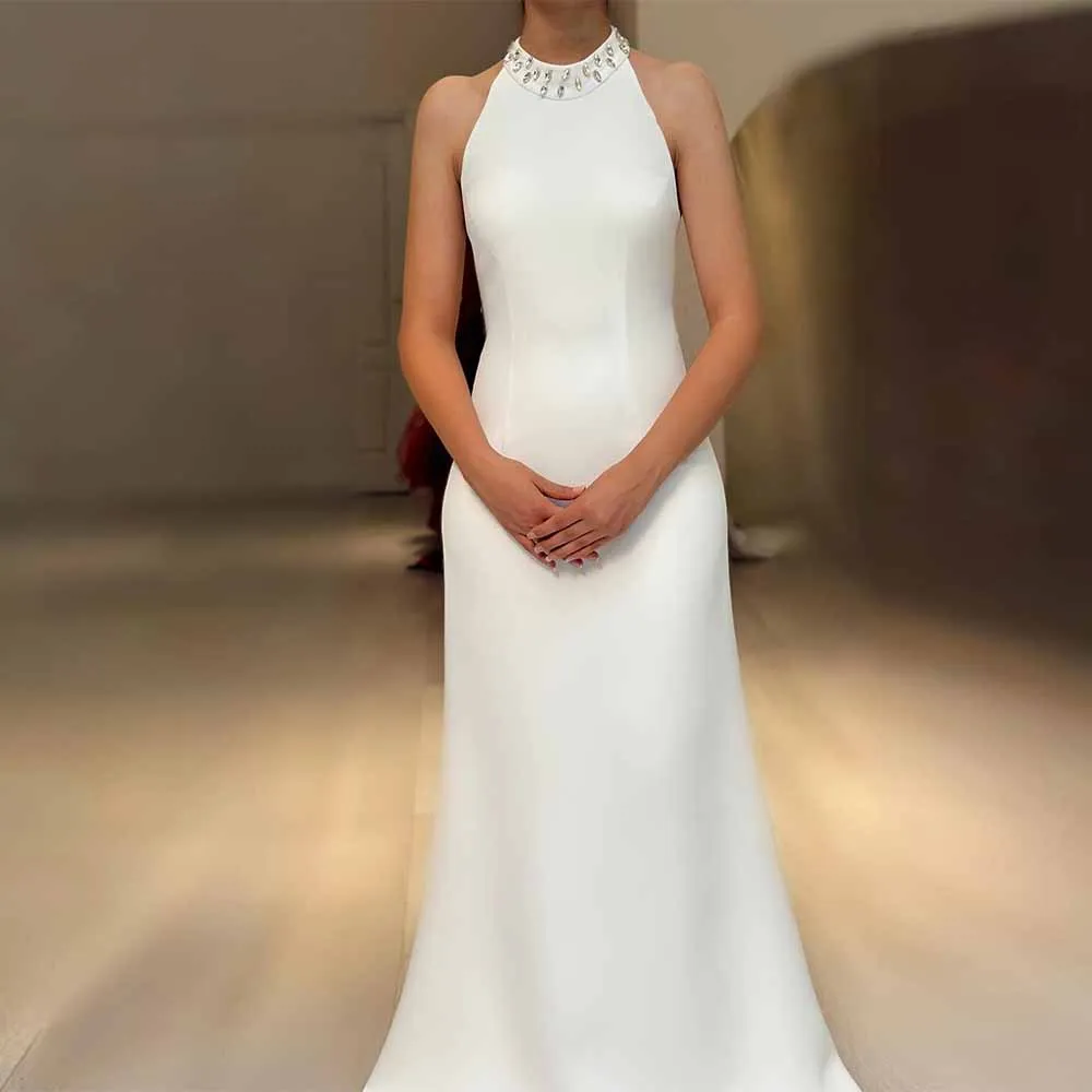 Classy Hall Wedding Dresses Satin Mermaid/Trumpet Engagement Dress White High Collar Rhinestones Shawl Wedding Party Dress Long