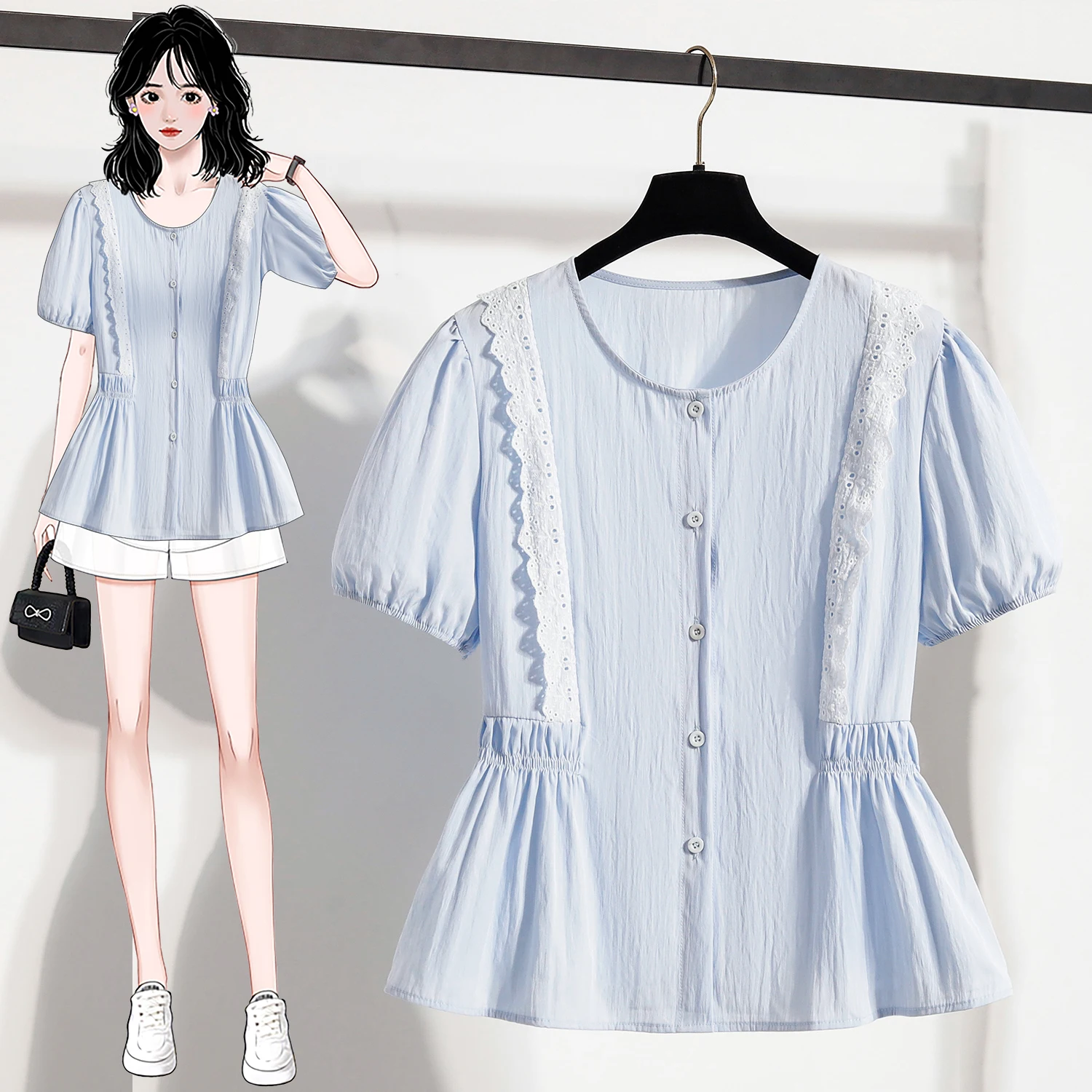 Blus dan Kemeja Renda Ukuran Besar Blus Musim Panas Wanita Wanita 2025 Keluaran Baru Blus Wanita Kasual Kerah Leher O Lengan Pendek