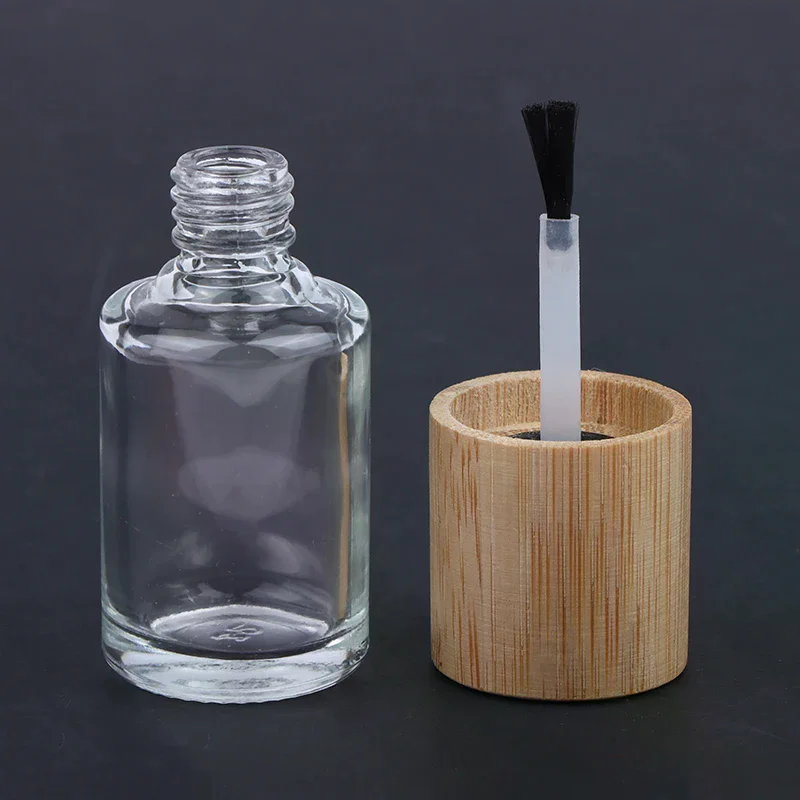 Botella cilíndrica de vidrio para aceite de uñas, cepillo para el pelo, botella de pegamento para uñas, cubierta de madera maciza y bambú, contenedor de aceite para uñas, 5ml, 10ml, 15ml