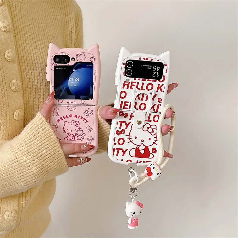 Sanrio Red Pink Hello Kitty 3D Cat Ear Phone Case For Samsung Galaxy Z Flip 6 5 Z Flip 4 3 With Clasp Ring Lanyard Silicone Case