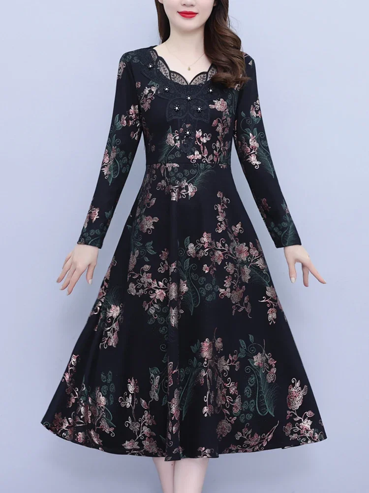 Autumn Winter Vintage Black Print Chic Prom Dress Women Elegant Luxury Night Midi Vestidos 2024 Plus Velvet Bodycon Party Dress