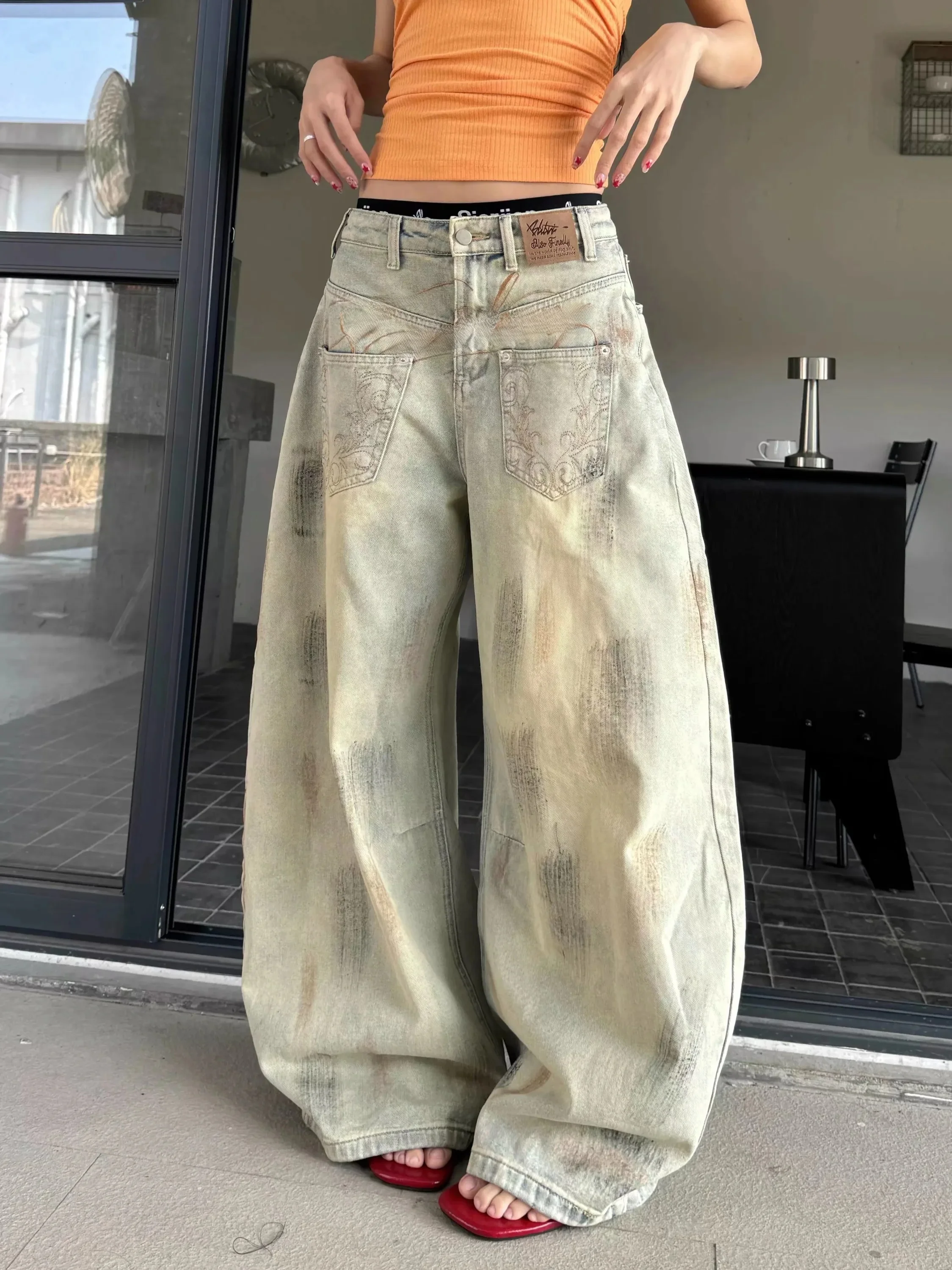 Trendy Ripped Letter Embroidery Wide Leg Jeans Women's Vintage Style Distressed Denim High Waist Straight Cut Casual Trousers