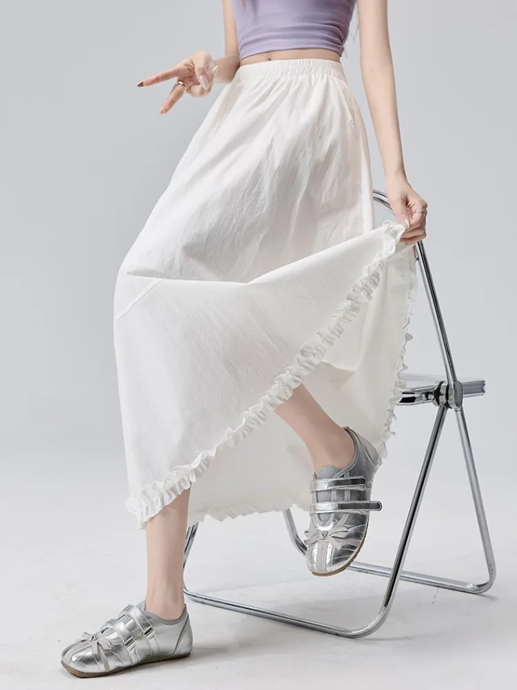 

Белая юбка миди А-силуэта с рюшами и имитацией древесной текстуры, с высокой талией на резинке, женская, летняя, новый стиль, универсальная, длинная юбка