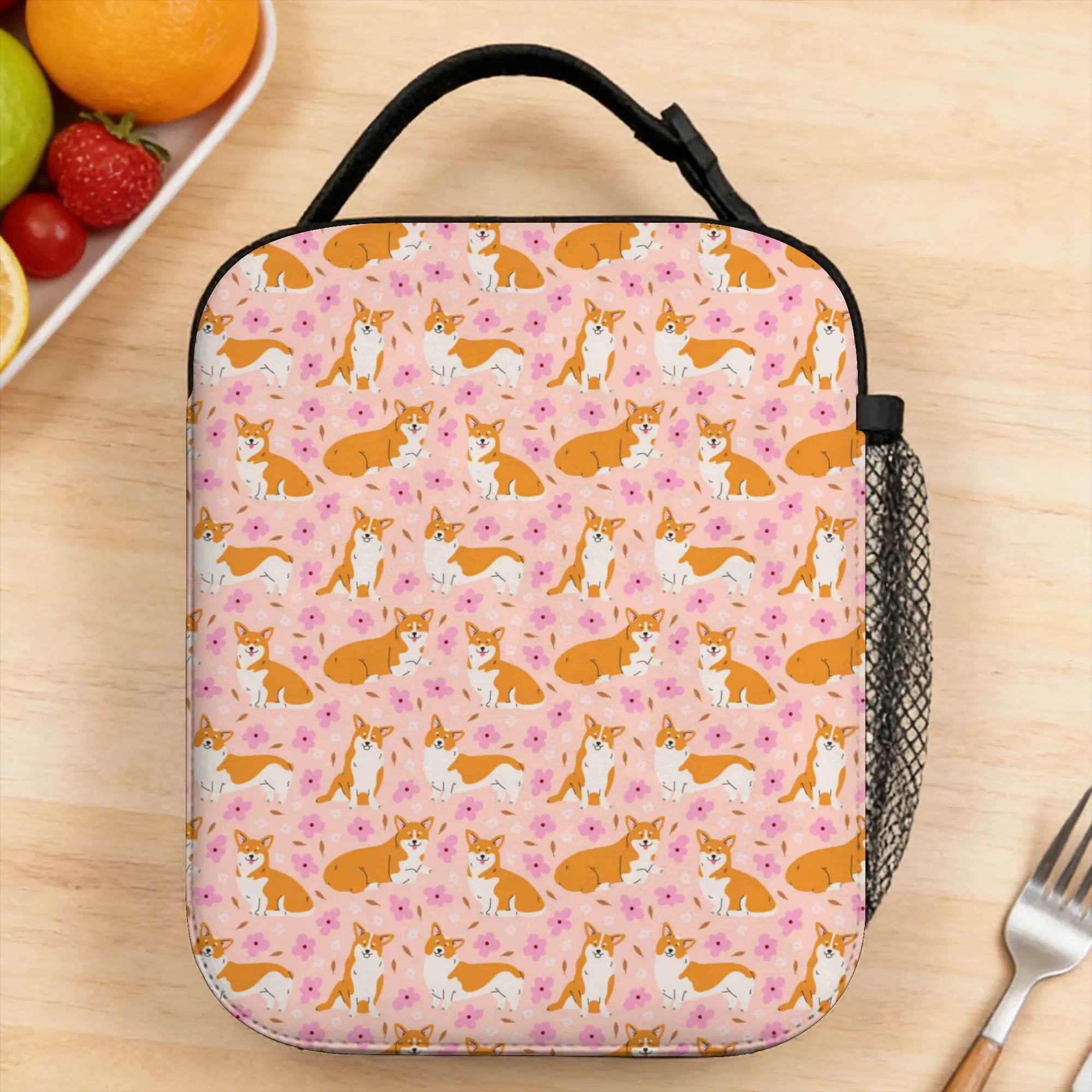 

Welsh Corgi Dog In Different Poses With Flowers Lunch Bag For Child Graphic School Lunch Box Fun Portable Oxford Cooler Bag
