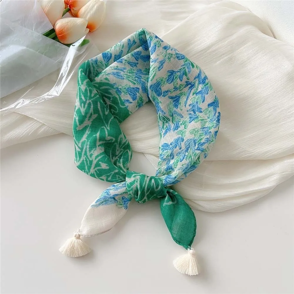 

Tassel Muffler Cotton-Linen Square Scarf Fringed 60x60cm Floral Kerchief Soft Texture Breathable Hair Bandana Travelers