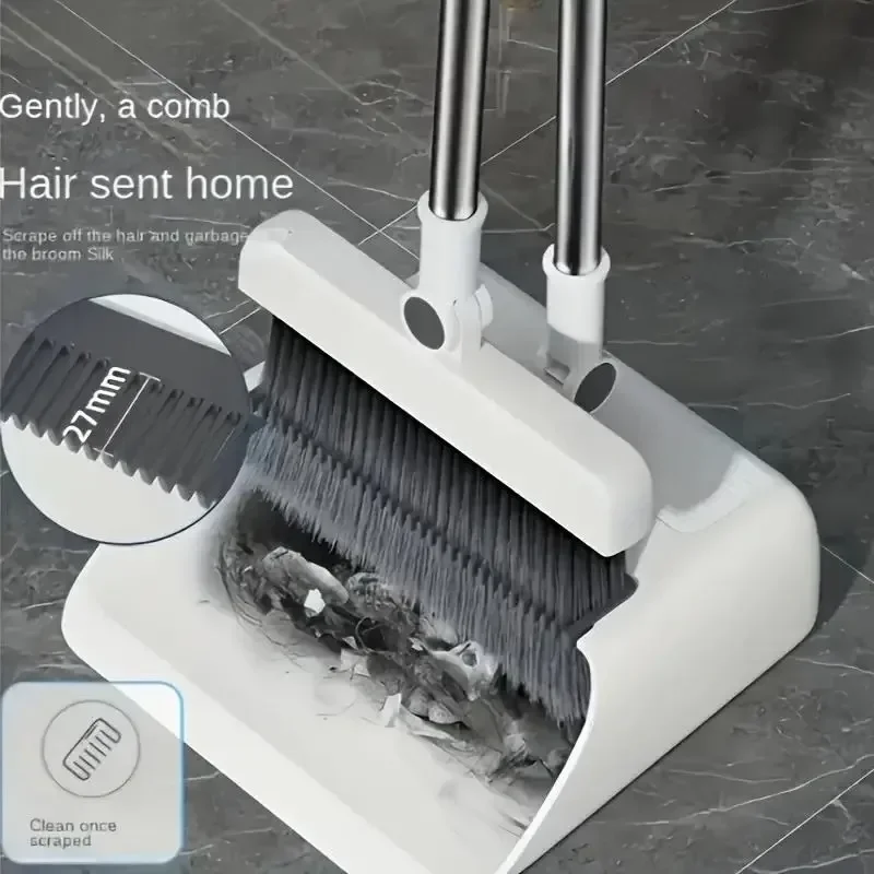 3-in-1 Foldable Broom Dustpan Set Standing Floor Scrub Brush Squeegee Sweeper with Comb Teeth for Home Kitchen Office Cleaning