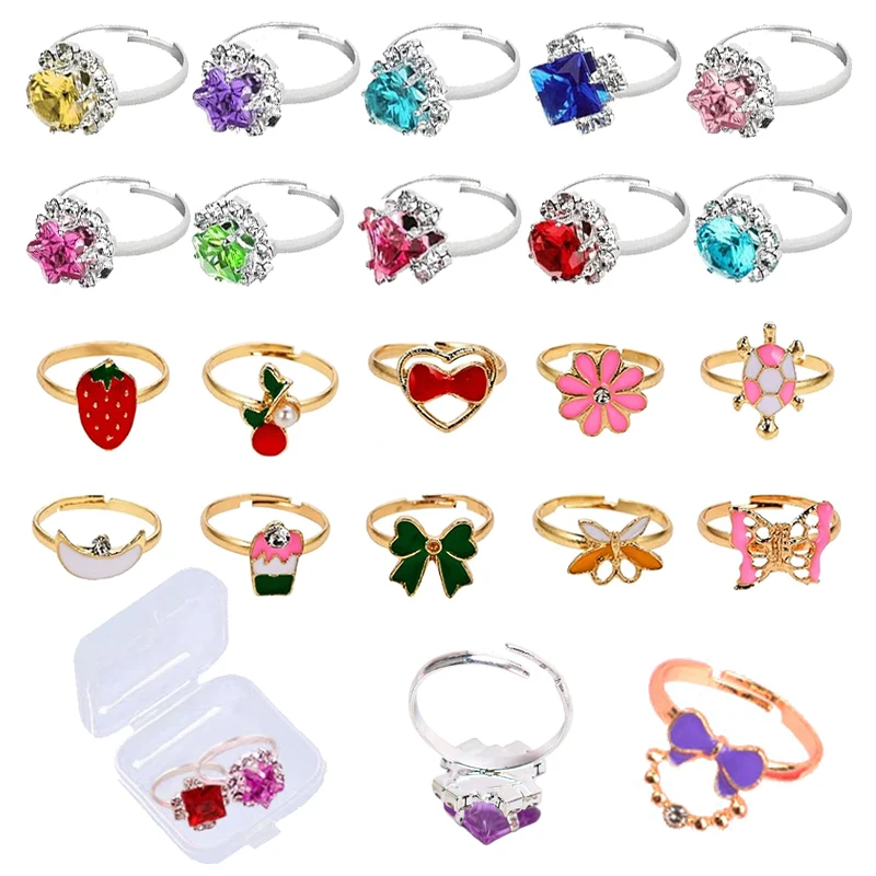 Crianças anéis ajustáveis com mini caixa fingir jogar brinquedo crianças presentes de aniversário maquiagem brinquedos bonito dos desenhos animados jóias liga anel tmz