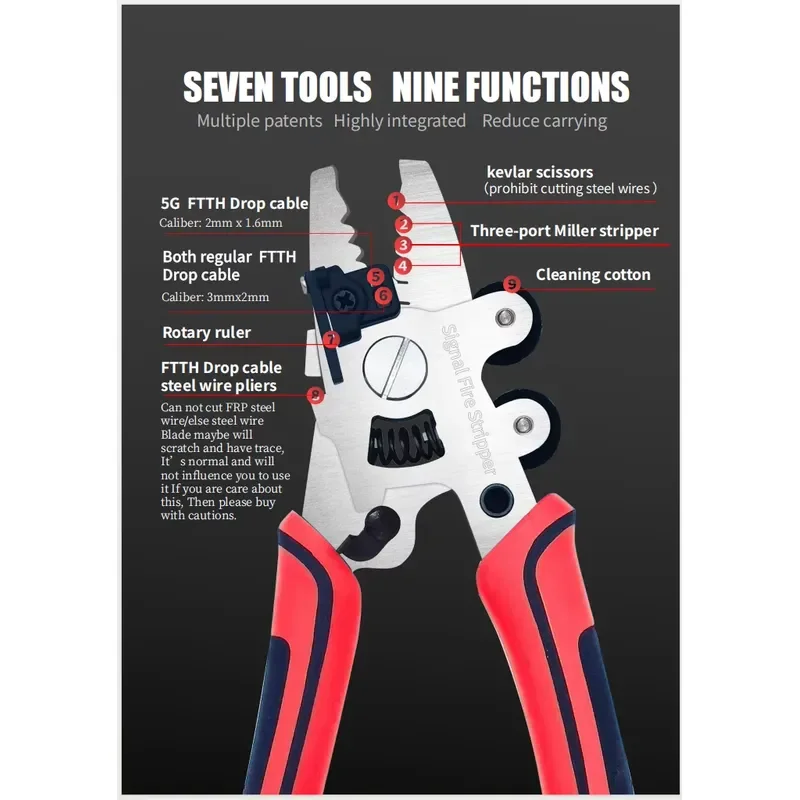 Professional 9 in 1 Fiber Optic Stripper FTTH Network Tool Three Miller Clip Cable Jacket Remover for Telecom Installation