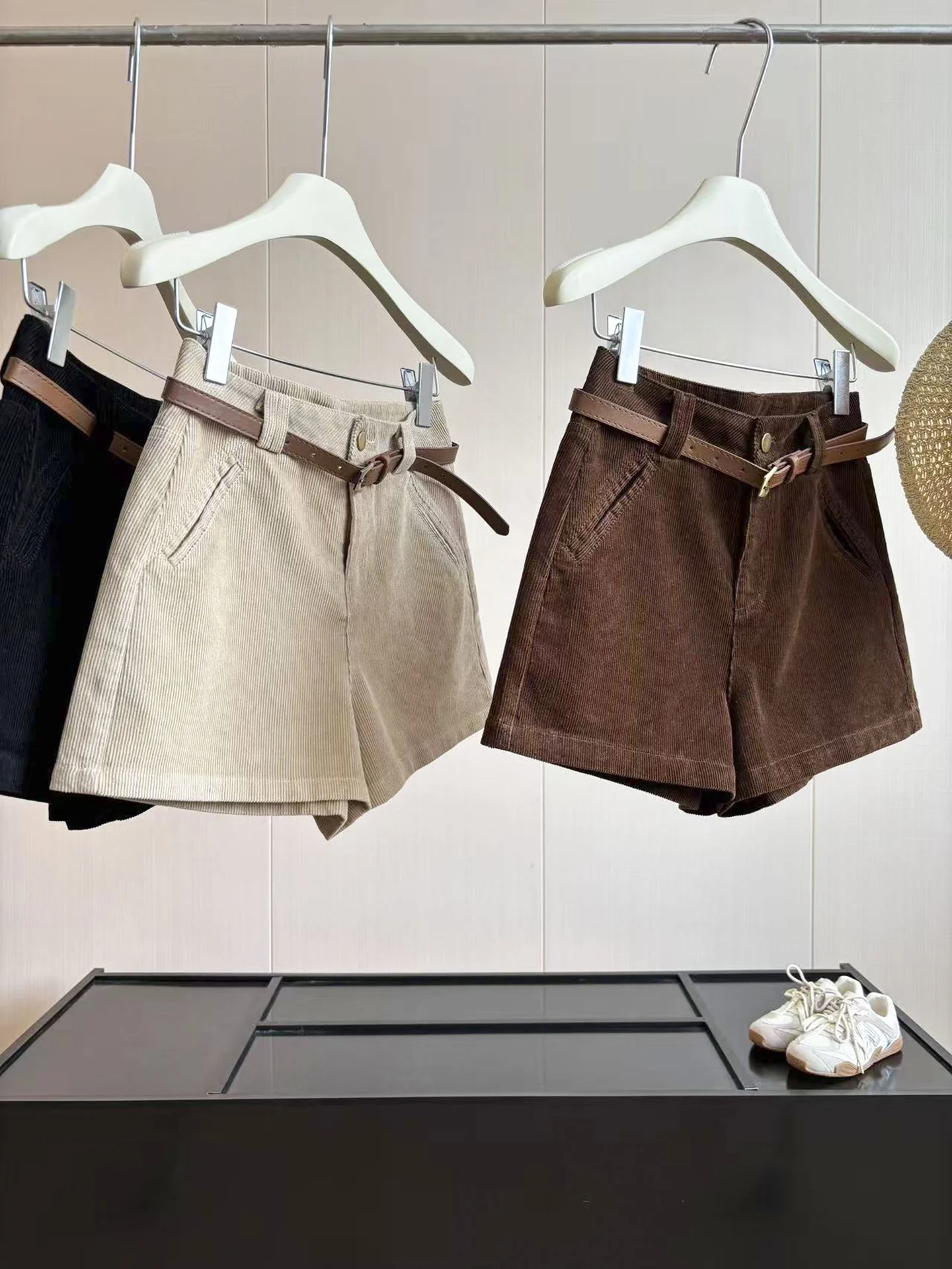 High Waist Corduroy Shorts Women's Early Autumn A-Line Spicy Girls Outerwear Boot Pants Coffee Color Base Wide Leg Pants
