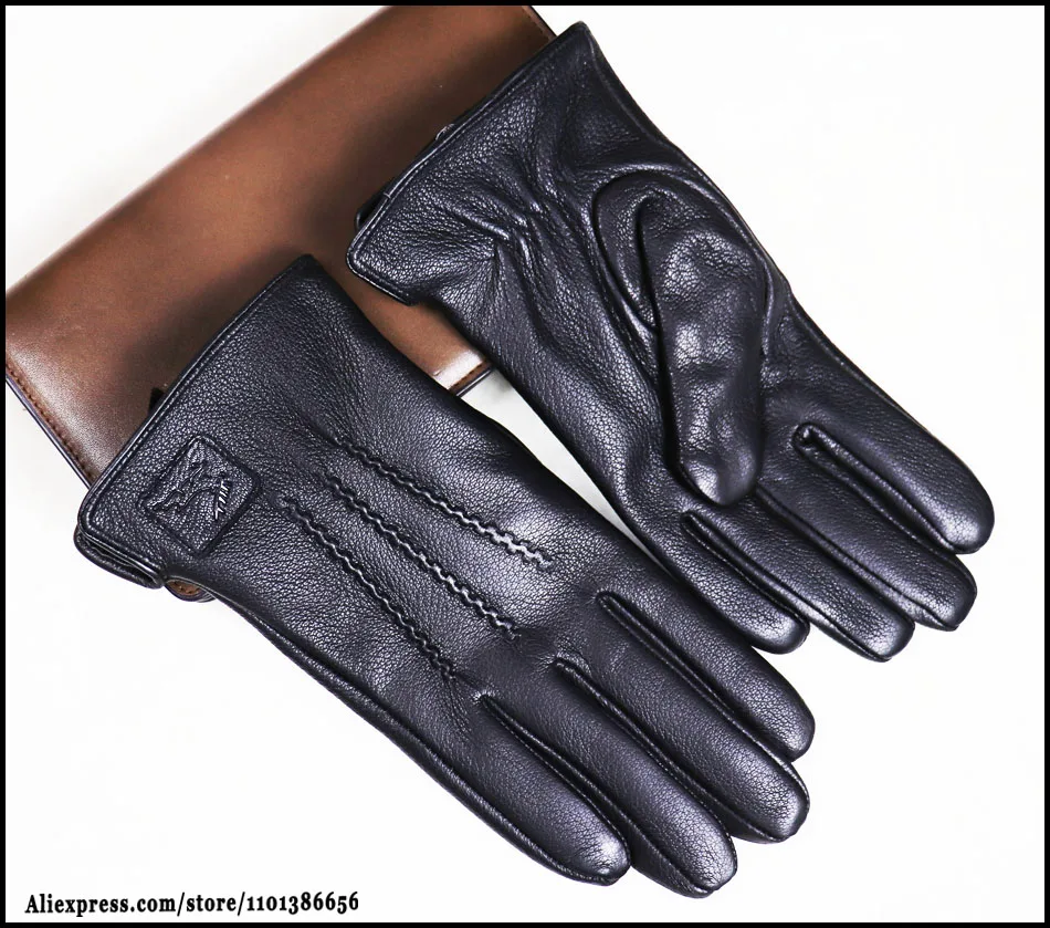 Hochwertige Herren-Lederhandschuhe, Hirschleder-Textur-Ziegenlederhandschuhe, winterwarme Flanellwolle, die mit dünnen und dicken Lederhandschuhen gestrickt ist, Fahrrad- und Fahrlederhandschuhe – Detail 25