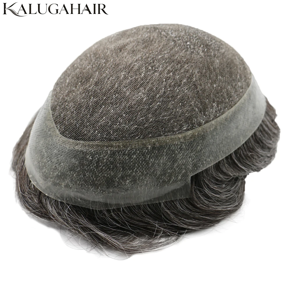 Men's Toupee Grey Blended Hair System Natural Look Breathable Australia Lace&PU Base Hairpiece Male Half Wig for Thinning Hair