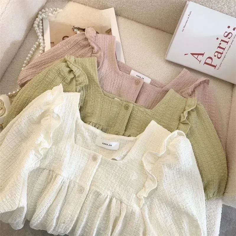 Slim Fit Square Collar Bubble Sleeve Shirt Short Sleeve Women's Korean Style Summer New Style Fashionable Textured Top