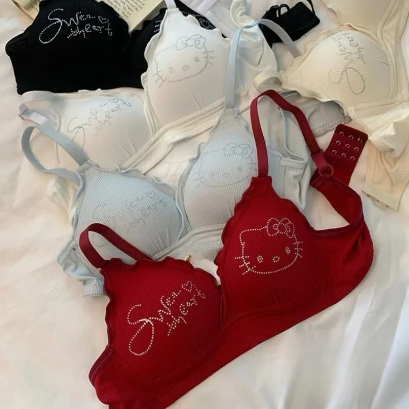 

Sanrio Hello Kitty Cartoon Cute Youth Underwear Small Breasts Gathered Breathable Thin Bra Without Steel Rings New Style Kawai