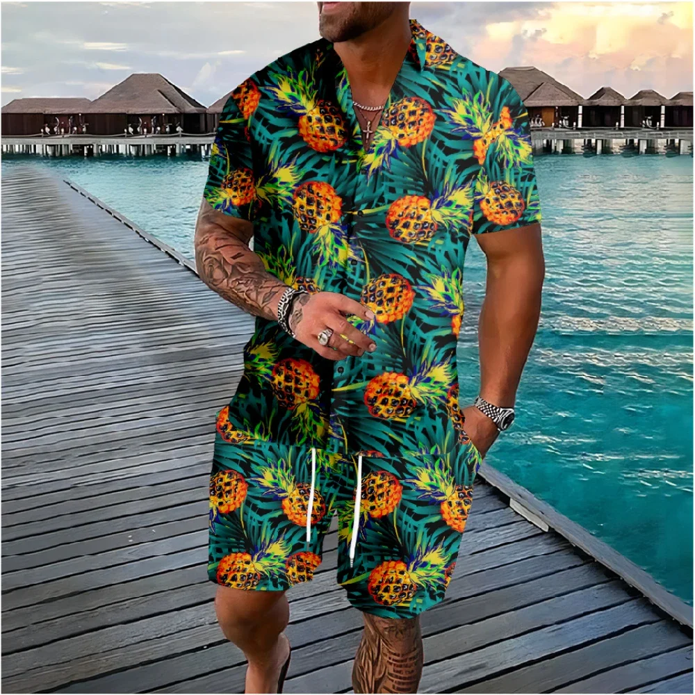 Conjunto de 2 uds de camisa de manga corta con estampado 3d de árbol de coco y flamenco hawaiano, ropa de playa informal para vacaciones, trajes de 2 piezas, ropa para hombre