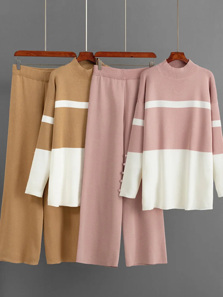 

Fashion Patchwork Knitted 2 Piece Set Causal O-Neck Striped Sweater Tops Conjuntos High Waisted Wide Leg Straight Pants Outfits