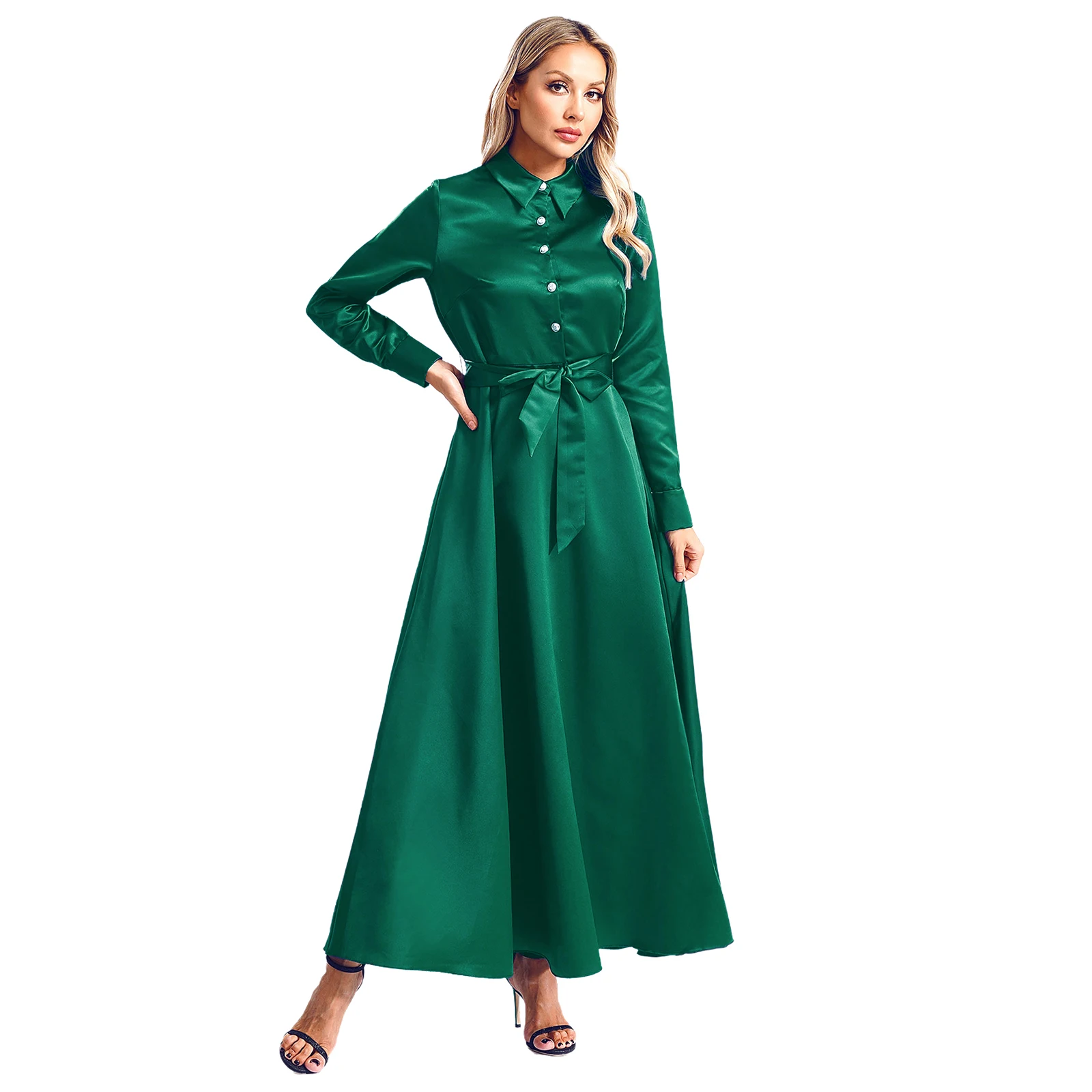 Evening Dress for Women Long Sleeve Button Down Full Length Elegant Satin Dress with Belt for Party Banquet Wedding Costumes