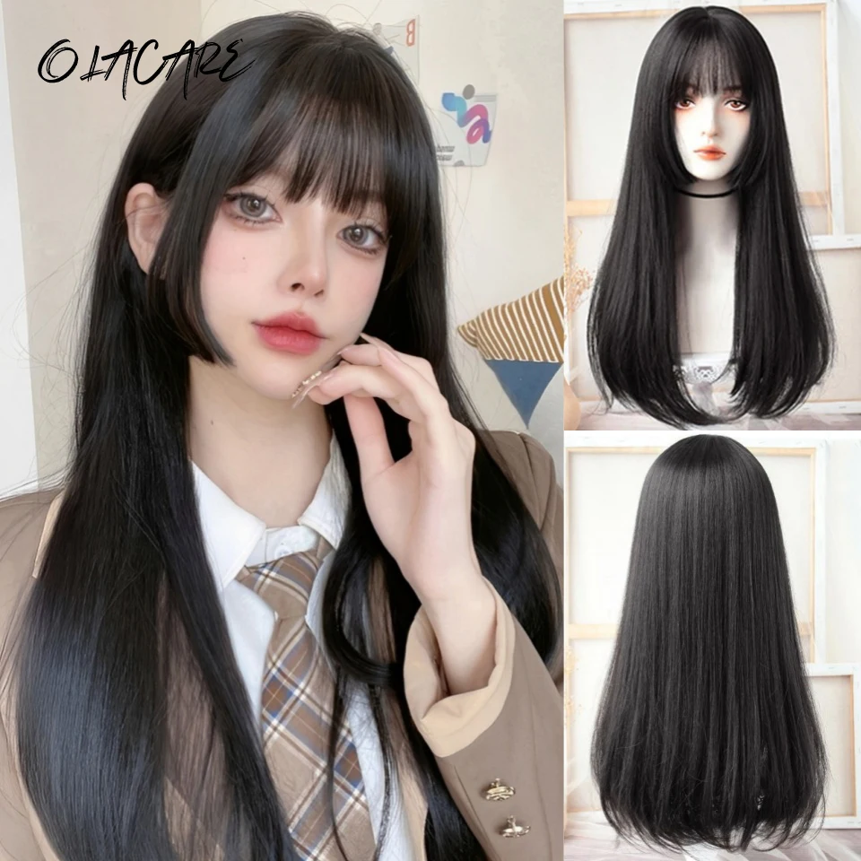 

Long Straight Remy Synthetic Hair Wigs Natural Black Heat Resistant Fiber Hair Full Machine Wig with Bangs Cosplay Party Wig