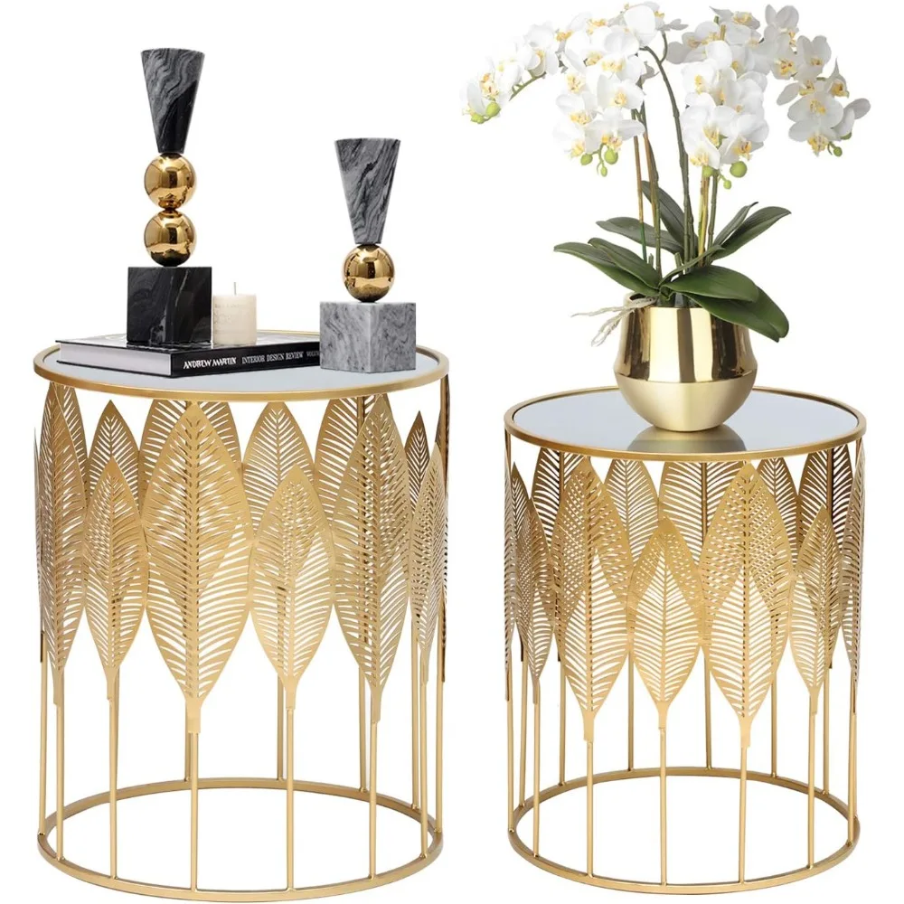 Tables Set of 2, Gold Nesting Side Coffee Table Decorative Round Nightstands (Stainless Steel Top)