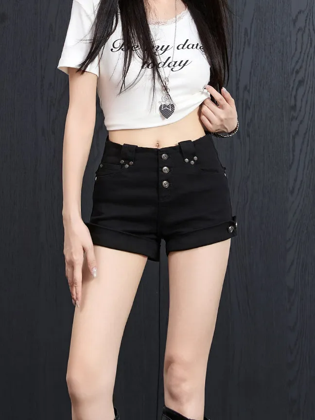 High Waist Black Denim Shorts Women's Summer Cuffed Rivet Elastic Slimming Hot Pants with Multiple Buttons Casual Style