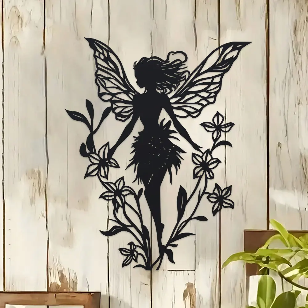 Einzelne Wand-Skulptur aus Eisenkunst: Natur-Elfen-Design, 1 Stück [Blumenrankenmuster + Löwenzahn-Elfen-Bodeneinsatz (Löwenzahn-Blumen-Klebe-Stil)]